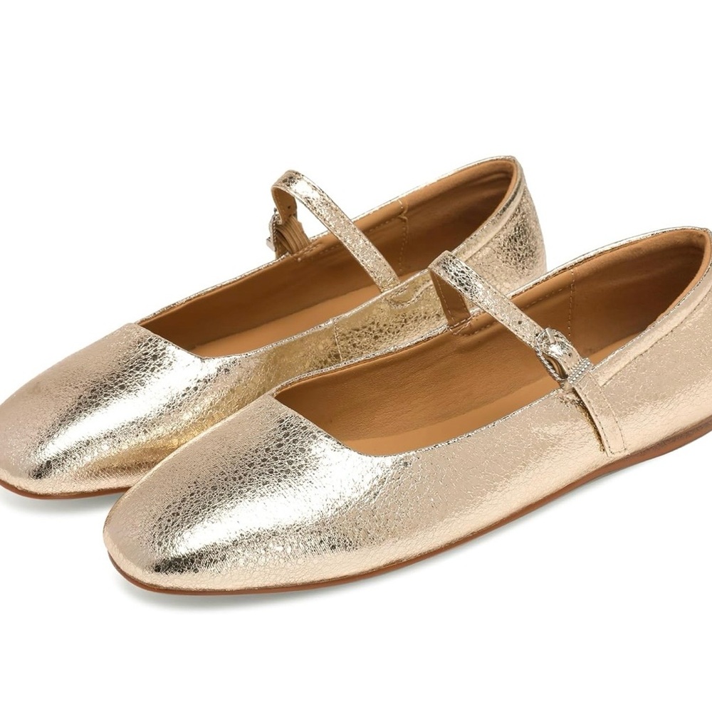 Gold Metallic Mary Jane Flats - Square Toe Ballet Slip Ons
